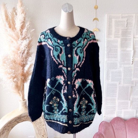VINTAGE EXPRESS Printed Oversized Mohair Button Front Cardigan - Picture 1 of 16